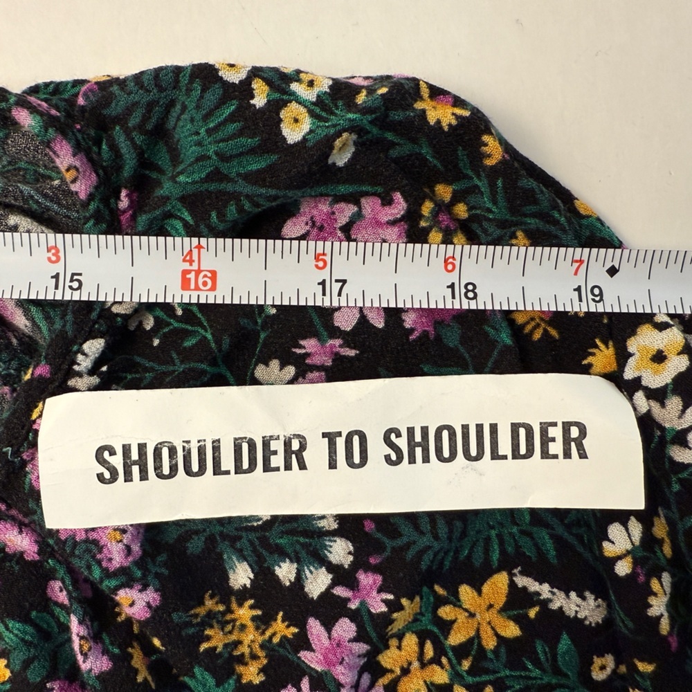 Old Navy Peasant Tie Front Blouse Rayon Black Yellow Purple Florals Ruffle 2X - Picture 10 of 12